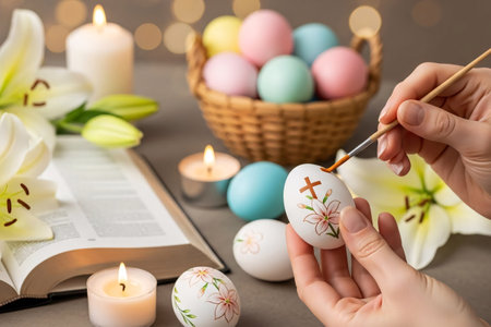 Hands painting Easter eggs with subtle religious motifs, such as crosses and lilies, beside an open Bible, candles, and a basket of pastel-colored eggs in a spiritual setting.の素材