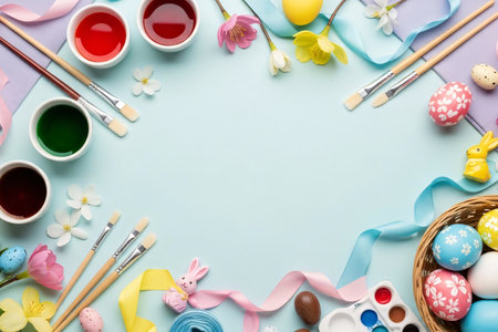 A well-organized flat lay of Easter egg painting tools, including brushes, pastel ribbons, blooming flowers, and both painted and unpainted eggs on a pastel background.の素材