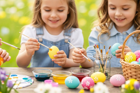 Children painting colorful Easter eggs outdoors during a joyful spring picnic, surrounded by blooming flowers, an Easter basket, and painting tools on a wooden table.の素材