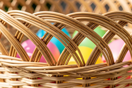 Detailed close-up of a woven Easter basket with colorful eggs, showcasing the intricate wicker texture, perfect for spring holiday decoration.の素材