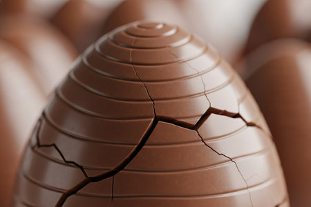 Close-up of a chocolate Easter egg with a cracked surface texture, highlighting the rich brown tones, perfect for Easter and food-related marketing.の素材
