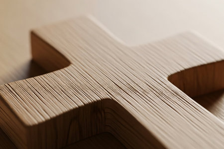 Close-up of a wooden Easter cross showing detailed grain texture, softly illuminated by natural daylight, symbolizing spirituality and Easter traditions.の素材
