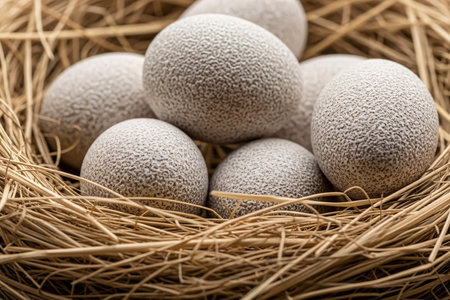 Close-up of a straw nest filled with speckled Easter eggs, showcasing intricate textures and fine details, perfect for spring and Easter holiday decor.の素材