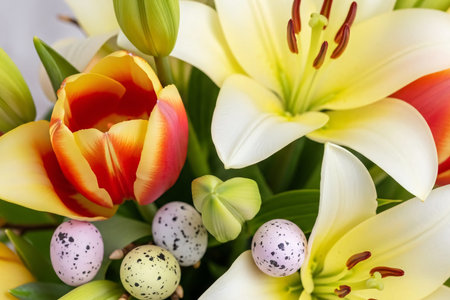 Close-up of a spring bouquet with tulips, lilies, and decorative Easter eggs, capturing the texture of the petals and pollen, perfect for Easter celebrations.の素材