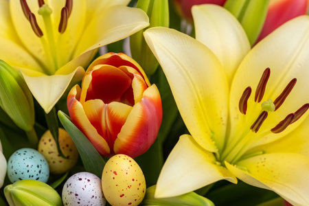 Close-up of a spring bouquet with tulips, lilies, and decorative Easter eggs, capturing the texture of the petals and pollen, perfect for Easter celebrations.の素材