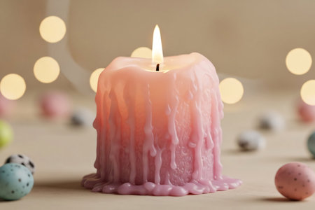 Close-up of an Easter-themed candle with detailed wax texture and warm glowing flame, surrounded by subtle spring decorations, creating a cozy holiday ambiance.の素材