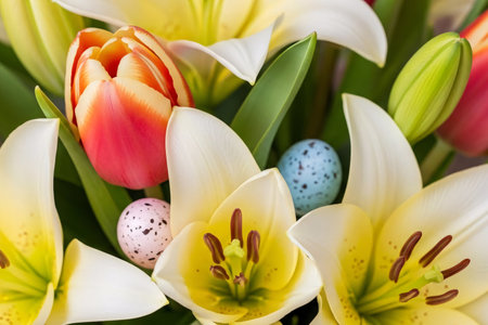 Close-up of a spring bouquet with tulips, lilies, and decorative Easter eggs, capturing the texture of the petals and pollen, perfect for Easter celebrations.の素材