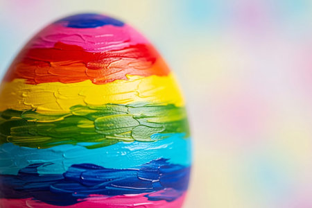 Close-up of a hand-painted Easter egg showing visible brush strokes and vibrant colors, ideal for showcasing artistic Easter decorations and crafts.の素材