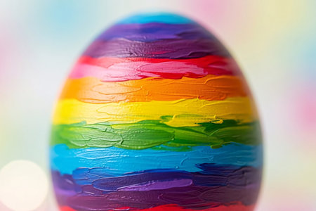 Close-up of a hand-painted Easter egg showing visible brush strokes and vibrant colors, ideal for showcasing artistic Easter decorations and crafts.の素材