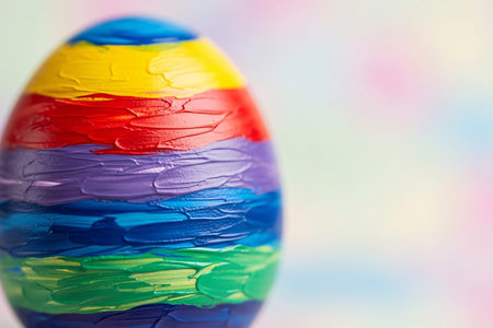 Close-up of a hand-painted Easter egg showing visible brush strokes and vibrant colors, ideal for showcasing artistic Easter decorations and crafts.の素材