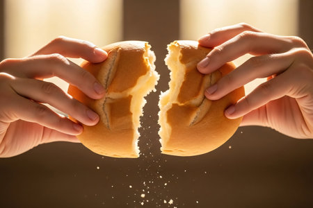 Moment of breaking communion bread in mid-air, symbolizing the sacred ritual of Easter, with soft natural daylight and a warm background bokeh.の素材