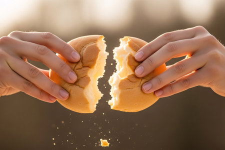 Moment of breaking communion bread in mid-air, symbolizing the sacred ritual of Easter, with soft natural daylight and a warm background bokeh.の素材