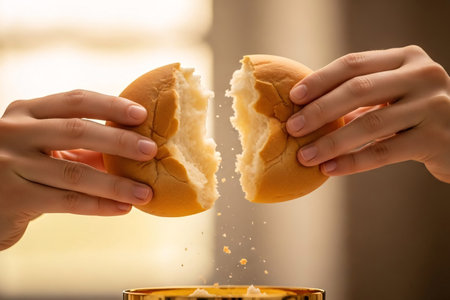 Moment of breaking communion bread in mid-air, symbolizing the sacred ritual of Easter, with soft natural daylight and a warm background bokeh.の素材