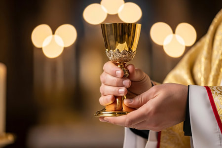 Close-up of a priestâs hands holding a chalice filled with wine during Easter mass, with blurred altar lights creating a warm, spiritual atmosphere.の素材
