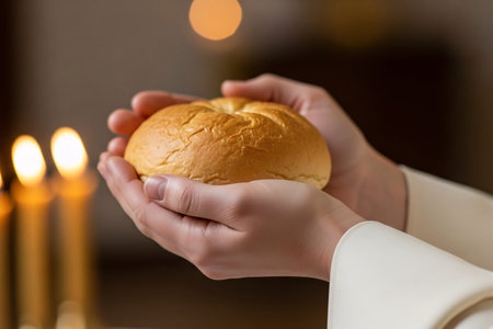 Close-up of hands gently holding communion bread with a warm church candle bokeh in the background, representing the spiritual moment of Easter worship.の素材