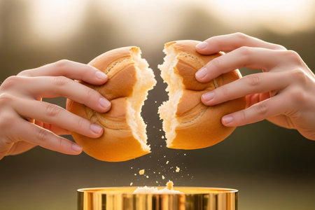 Moment of breaking communion bread in mid-air, symbolizing the sacred ritual of Easter, with soft natural daylight and a warm background bokeh.の素材