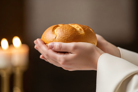 Close-up of hands gently holding communion bread with a warm church candle bokeh in the background, representing the spiritual moment of Easter worship.の素材