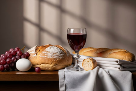 Rustic bread, a cup of red wine, grapes, and a white cloth arranged on a table, symbolizing the Last Supper and Easter communion ritual.の素材