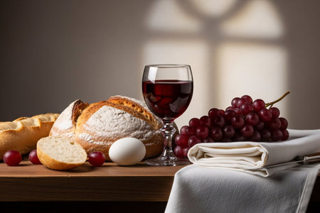 Rustic bread, a cup of red wine, grapes, and a white cloth arranged on a table, symbolizing the Last Supper and Easter communion ritual.の素材