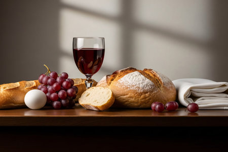 Rustic bread, a cup of red wine, grapes, and a white cloth arranged on a table, symbolizing the Last Supper and Easter communion ritual.の素材