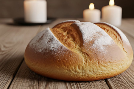Round communion bread placed on a rustic wooden table with dramatic daylight, symbolizing the holy ritual of Easter and the sacrament of communion.の素材