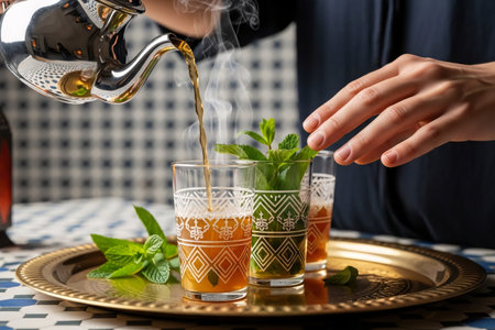 Close up of hands preparing Moroccan mint tea pouring hot liquid into patterned glasses on a reflective brass tray serving guests.の素材