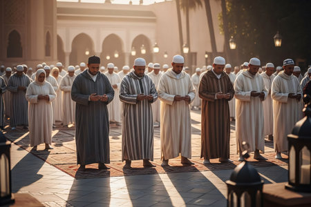 Group of Moroccan men and women in traditional attire performing Eid morning prayers in a serene open courtyard setting together.の素材
