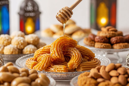 Elegant dessert table featuring honey coated chebakia and almond pastries arranged beautifully for a festive Eid celebration.の素材