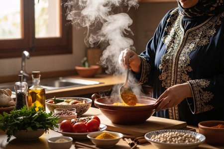 Mother preparing traditional harira soup in a clay pot within a Moroccan kitchen for the wholesome family Eid meal gathering.の素材