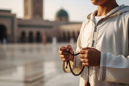 Young boy in a white jabador holding prayer beads with a peaceful expression before the morning Eid prayer service begins.の素材