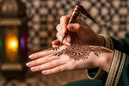Artist applying intricate henna designs to the hands of a woman as part of the traditional Eid preparation ritual at home.の素材