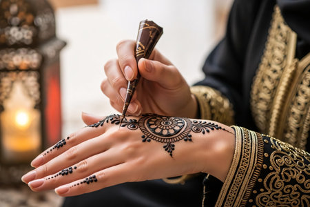Artist applying intricate henna designs to the hands of a woman as part of the traditional Eid preparation ritual at home.の素材