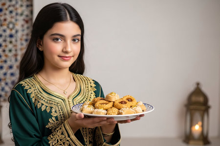 Young girl wearing an ornate takchita holding a plate of traditional Moroccan pastries during a family party celebration.の素材