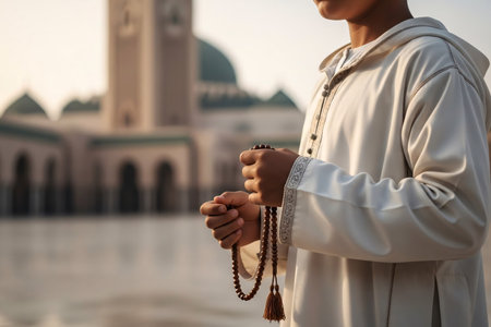 Young boy in a white jabador holding prayer beads with a peaceful expression before the morning Eid prayer service begins.の素材