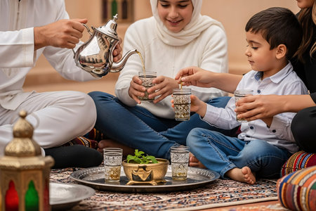 Family members sitting on cushions sharing freshly poured mint tea and enjoying quality time during Eid celebration gathering.の素材