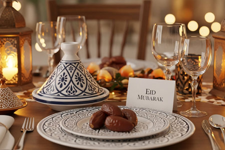 Dining table arranged with a ceramic tagine dates and an Eid Mubarak greeting card amidst warm lantern light and rich decor.の素材