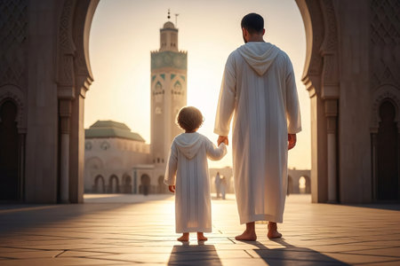 Father and son wearing matching white djellabas walking towards the mosque for Eid morning prayers at sunrise together today.の素材