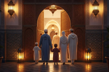 Family dressed in fine clothing entering a beautifully lit riad through a carved wooden door for a visit during the holiday.の素材