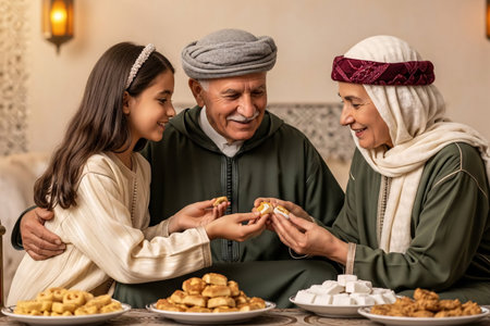 Grandfather sharing traditional Moroccan cookies with his grandchildren during a joyful family holiday moment together today.の素材