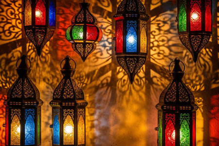 Collection of lanterns casting intricate geometric shadows against a wall creating a moody atmosphere for the holiday night.の素材