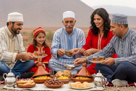 Family enjoying an outdoor festive picnic with tagine and tea against the scenic backdrop of the Atlas Mountains landscape.の素材