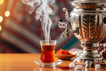 Persian samovar with steaming tea glass placed on a wooden table with saffron threads and sugar cubes creating a warm Eid hospitality scene.の素材