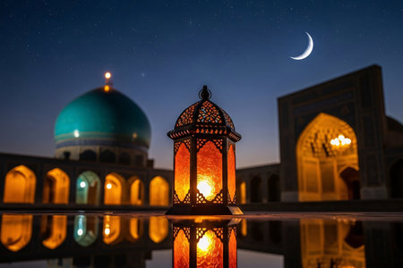 Glowing Eid lantern placed on reflective water with a turquoise dome and night sky creating a serene festive atmosphere.の素材