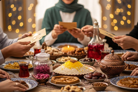 Persian family seated around a festive Eid table sharing traditional dishes and giving Eidi with warm expressions and a soft decorative background.の素材