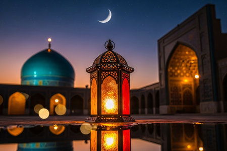 Glowing Eid lantern placed on reflective water with a turquoise dome and night sky creating a serene festive atmosphere.の素材