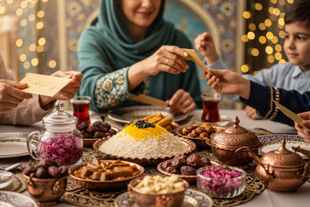 Persian family seated around a festive Eid table sharing traditional dishes and giving Eidi with warm expressions and a soft decorative background.の素材