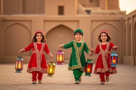 Children in colorful Persian clothing running joyfully with lanterns in a sunlit courtyard creating a lively Eid celebration moment.の素材