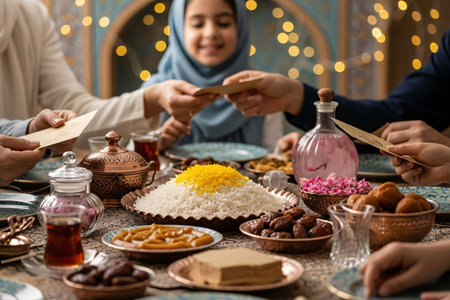 Persian family seated around a festive Eid table sharing traditional dishes and giving Eidi with warm expressions and a soft decorative background.の素材