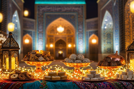 Festive Persian night market filled with lanterns sweets and textiles under warm lights creating a vibrant Eid atmosphere.の素材