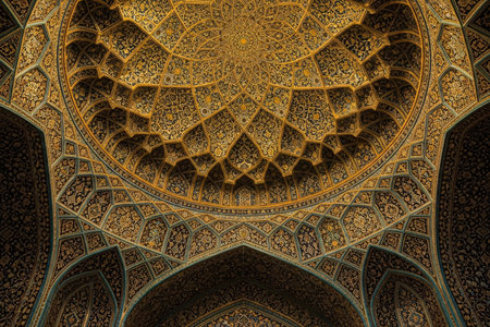 Detailed Persian muqarnas ceiling illuminated with warm festive lights adding depth and elegance to an Eid architectural scene.の素材